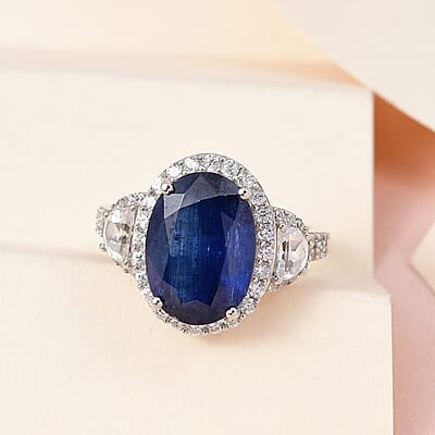 Kashmir Kyanite and White Zircon Halo Ring in Platinum Over Sterling Silver (Size 10.0) 10.40 ctw