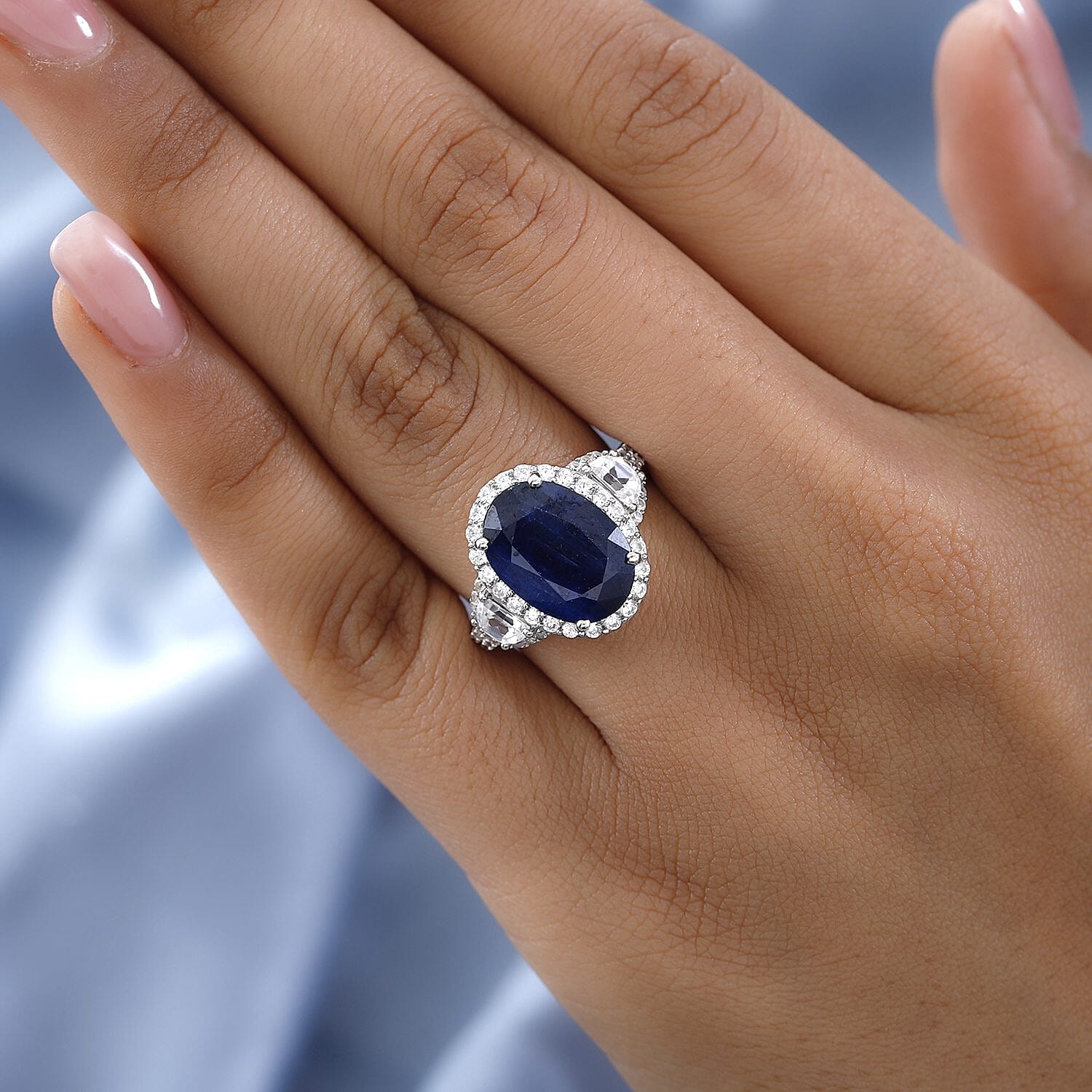 Kashmir Kyanite and White Zircon Halo Ring in Platinum Over Sterling Silver (Size 10.0) 10.40 ctw