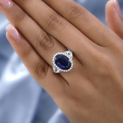 Kashmir Kyanite and White Zircon Halo Ring in Platinum Over Sterling Silver (Size 10.0) 10.40 ctw