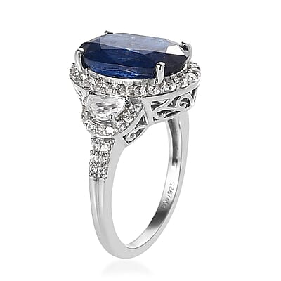 Kashmir Kyanite and White Zircon Halo Ring in Platinum Over Sterling Silver (Size 10.0) 10.40 ctw