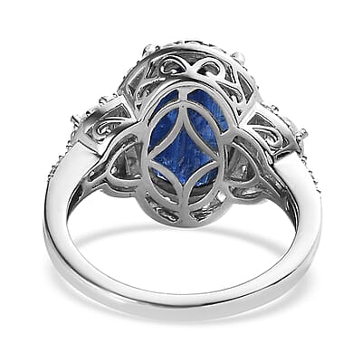 Kashmir Kyanite and White Zircon Halo Ring in Platinum Over Sterling Silver (Size 10.0) 10.40 ctw
