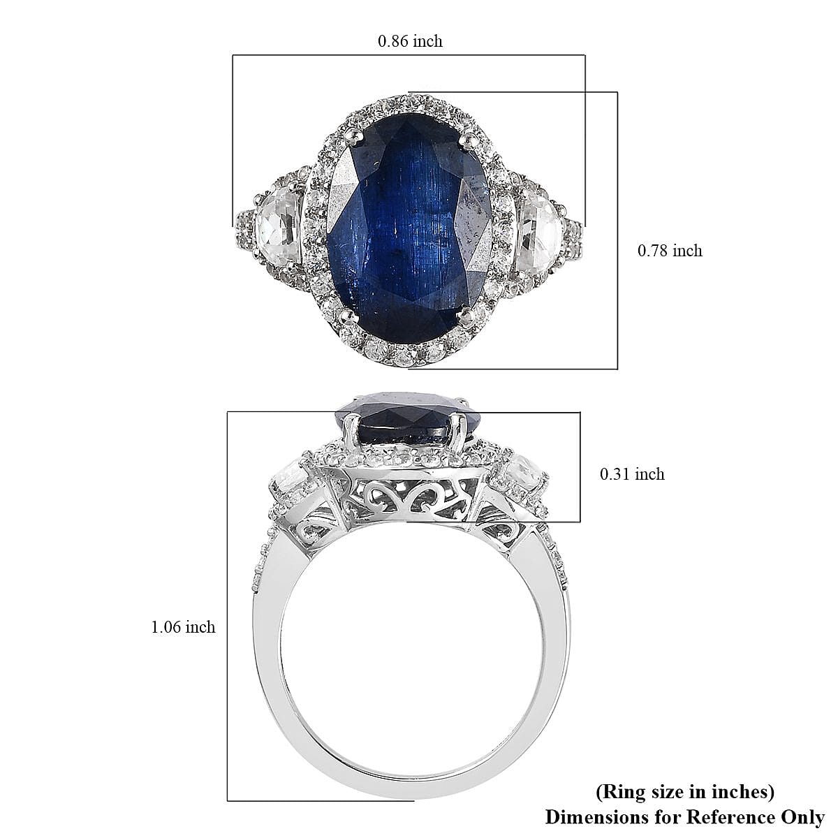Kashmir Kyanite and Natural White Zircon Halo Ring in Platinum Over Sterling Silver (Size 10.0) 10.40 ctw (Delivery in 3-5 Business Days) image number 5