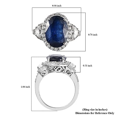 Kashmir Kyanite and White Zircon Halo Ring in Platinum Over Sterling Silver (Size 10.0) 10.40 ctw