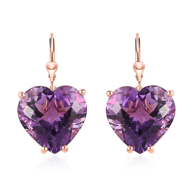 Rose De France Amethyst Heart Shape Lever Back Earrings in Vermeil Rose Gold Over Sterling Silver 39.35 ctw