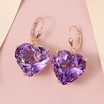 Rose De France Amethyst Heart Shape Lever Back Earrings in Vermeil Rose Gold Over Sterling Silver 39.35 ctw