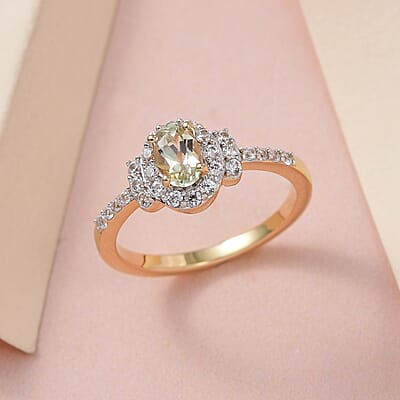 AAA Turkizite and White Zircon Halo Ring in Vermeil Yellow Gold Over Sterling Silver (Size 5.0) 1.00 ctw