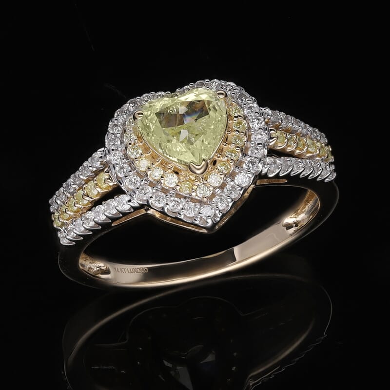 SGL Certified Luxoro 14K Yellow Gold Natural Yellow and White Diamond I1-I2 Heart Ring (Size 6.0) 4.10 Grams 1.50 ctw