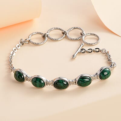 African Malachite Bracelet in Stainless Steel (6.50 In) 10.85 ctw , Tarnish-Free, Waterproof, Sweat Proof Jewelry
