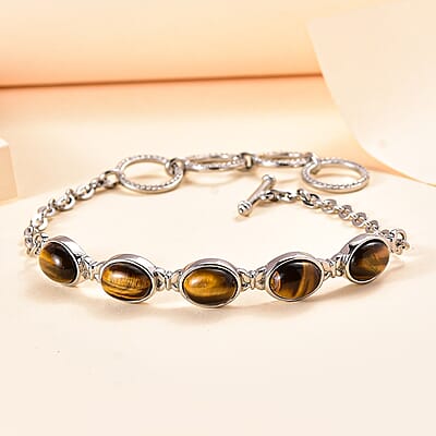 Tiger's Eye 10.50 ctw Toggle Clasp Bracelet in Stainless Steel (6.50-8.50In), Tarnish-Free, Waterproof, Sweat Proof Jewelry