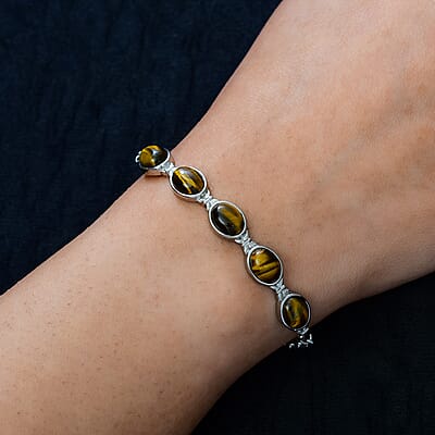 Tiger's Eye 10.50 ctw Toggle Clasp Bracelet in Stainless Steel (6.50-8.50In), Tarnish-Free, Waterproof, Sweat Proof Jewelry