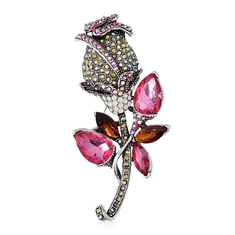 Fuchsia and Brown Glass, Multi Color Austrian Crystal Rose Flower Brooch in Silvertone