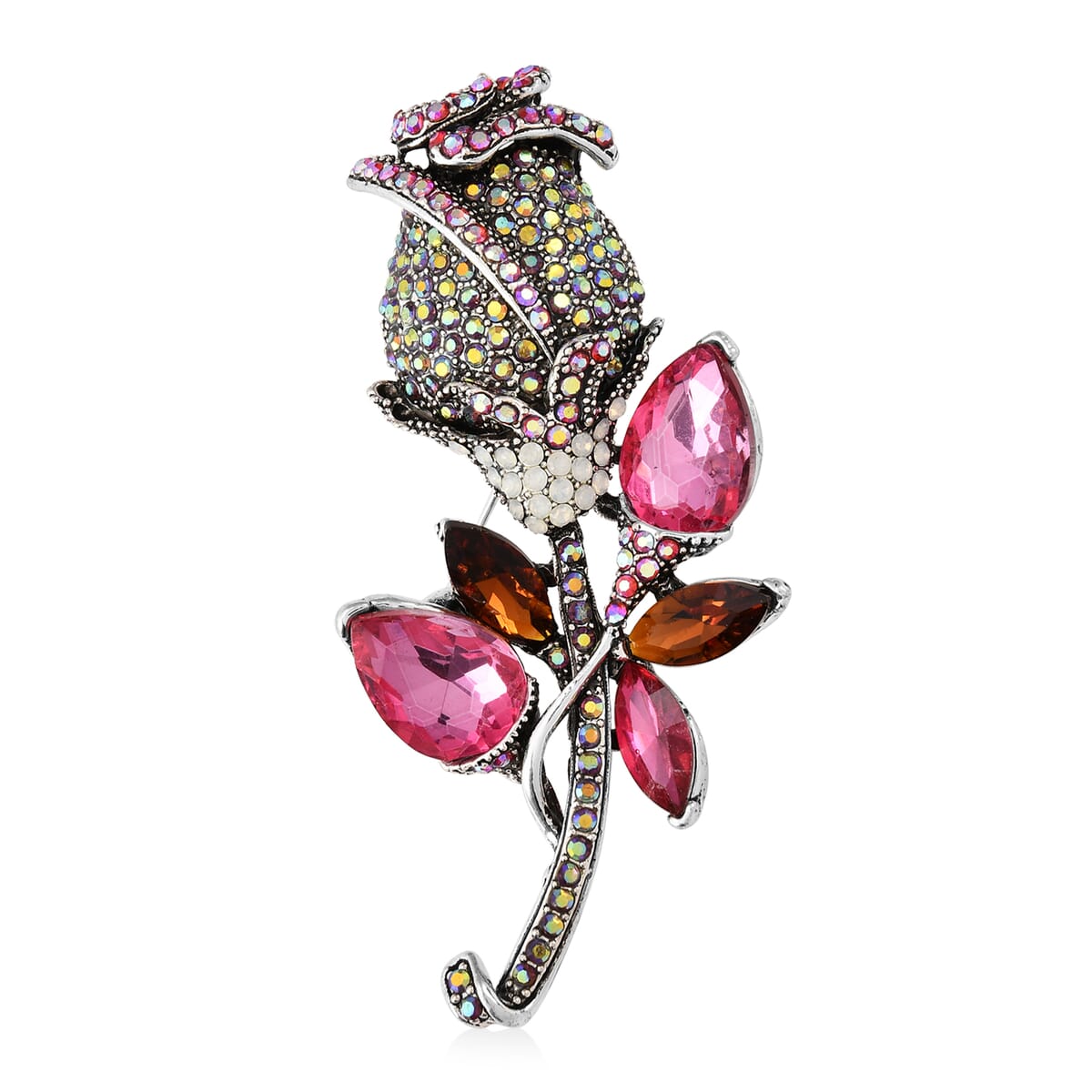 Fuchsia and Brown Glass, Multi Color Austrian Crystal Rose Flower Brooch in Silvertone image number 0