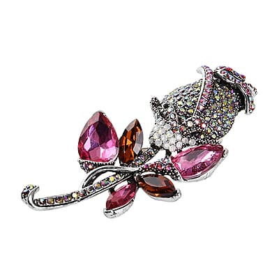 Fuchsia and Brown Glass, Multi Color Austrian Crystal Rose Flower Brooch in Silvertone