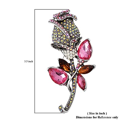 Fuchsia and Brown Glass, Multi Color Austrian Crystal Rose Flower Brooch in Silvertone
