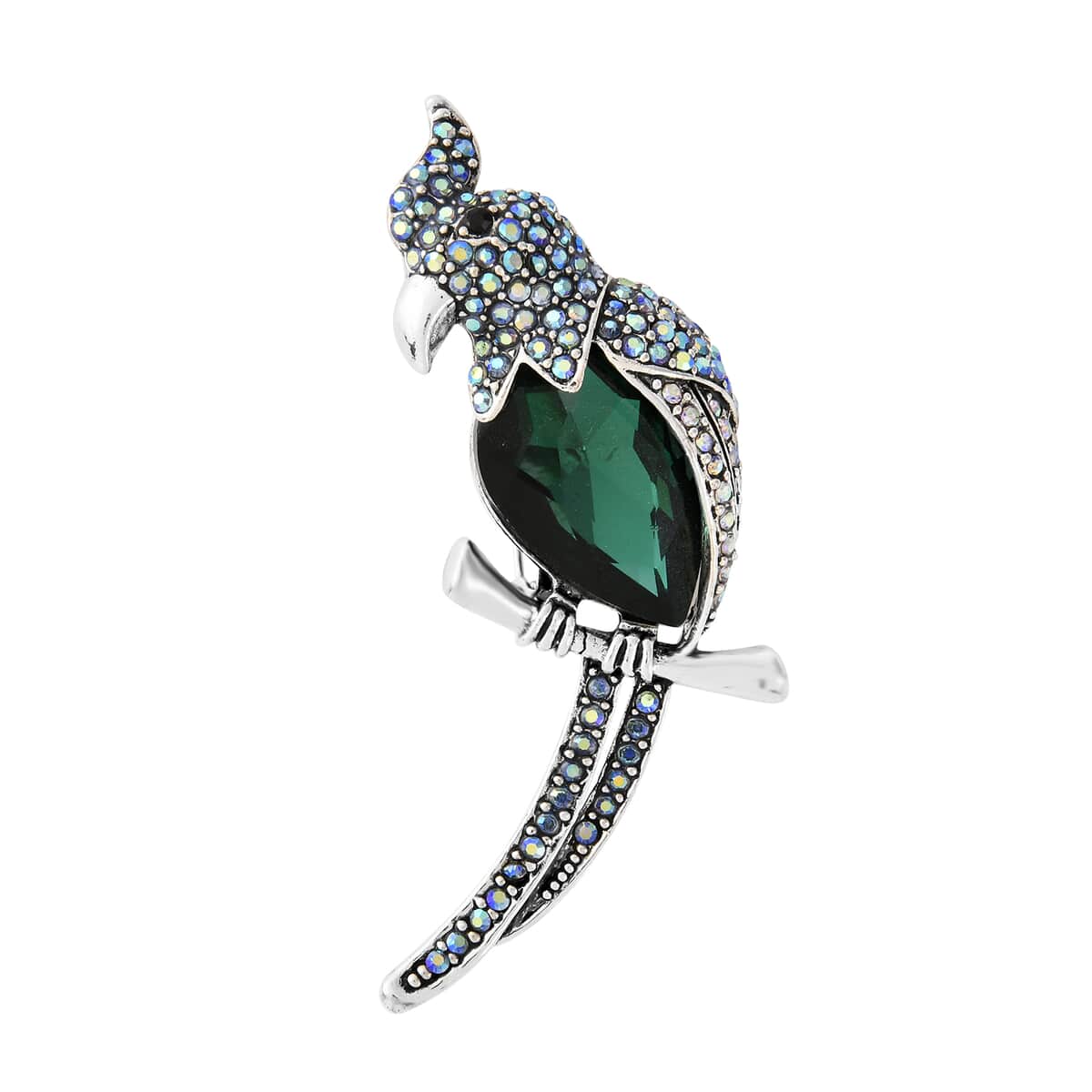 Green Glass and Multi Color Austrian Crystal Parrot Brooch in Silvertone image number 0