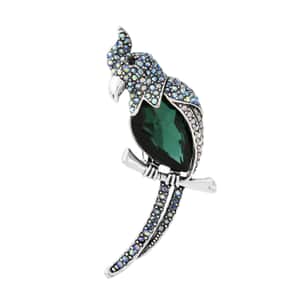 Green Glass and Multi Color Austrian Crystal Parrot Brooch in Silvertone