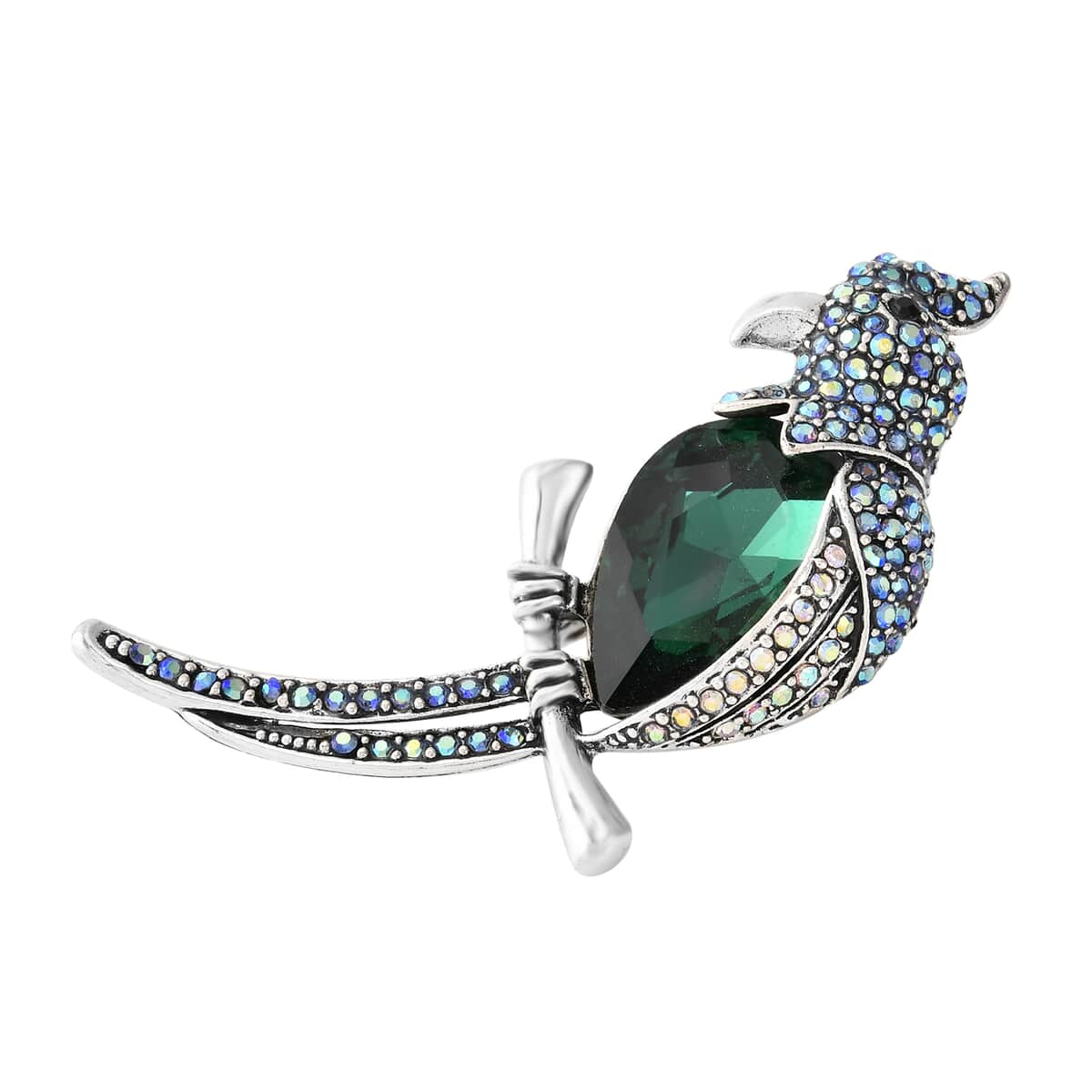 Green Glass and Multi Color Austrian Crystal Parrot Brooch in Silvertone image number 2