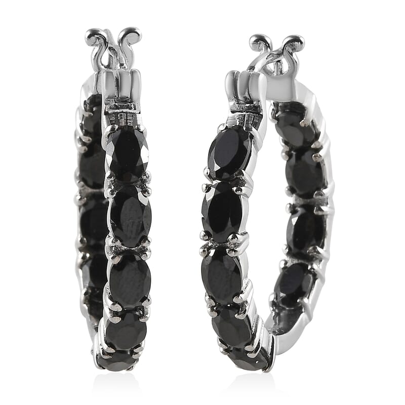 Thai Black Spinel Hoop Earrings in Stainless Steel 10.90 ctw