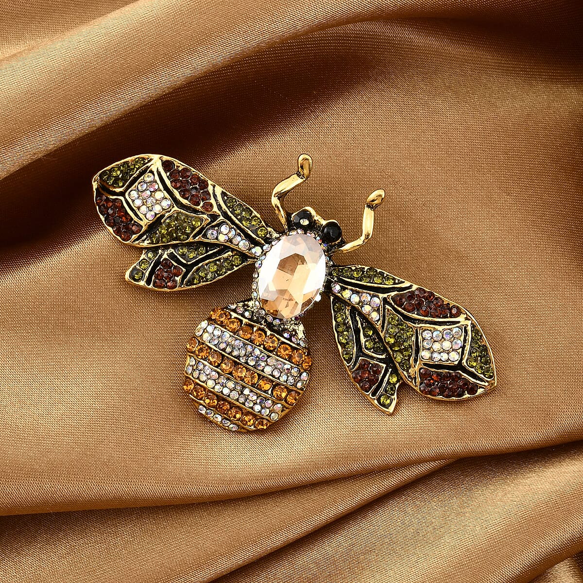 Multi Color Austrian Crystal and Green Glass Bee Brooch in Goldtone image number 1