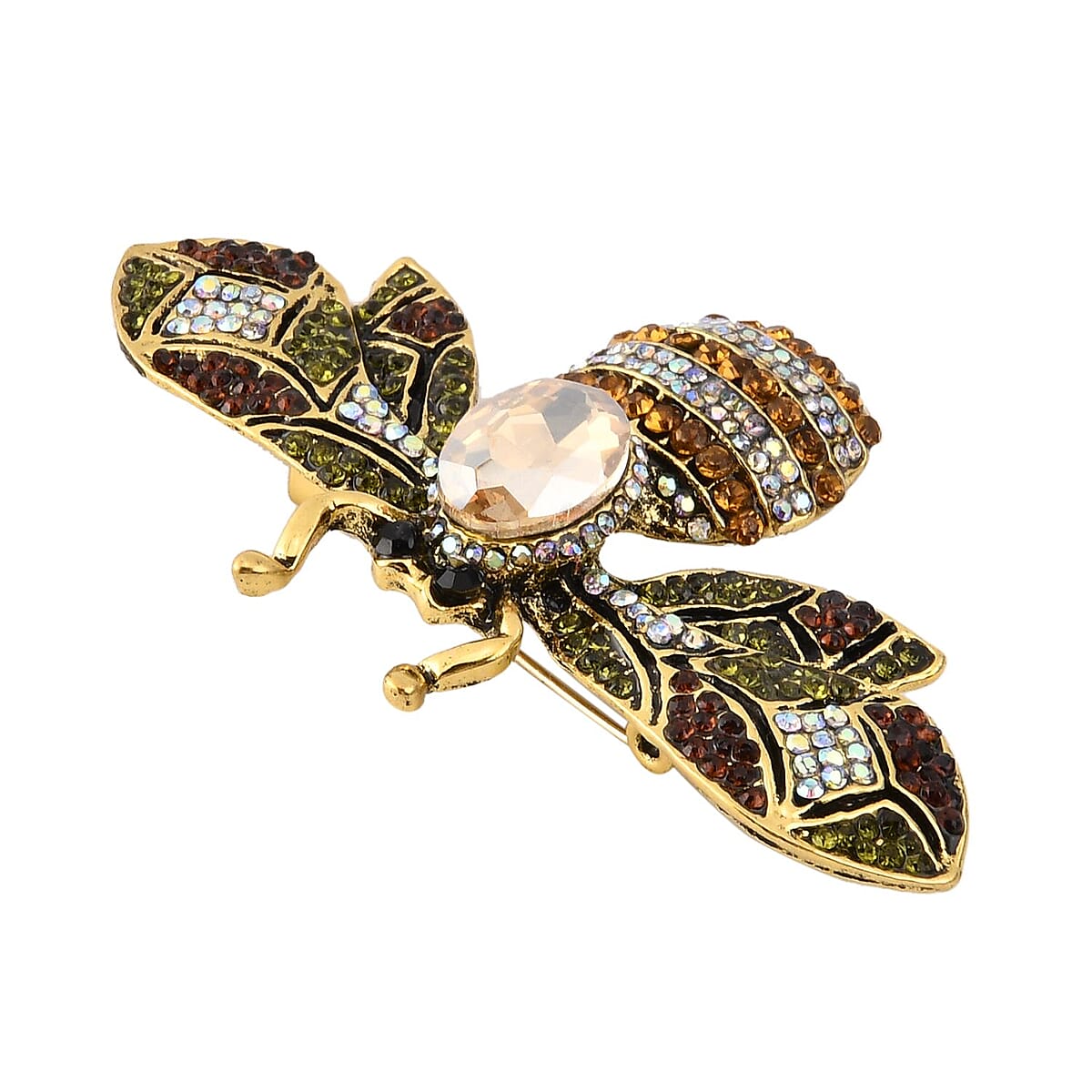 Multi Color Austrian Crystal and Green Glass Bee Brooch in Goldtone image number 2