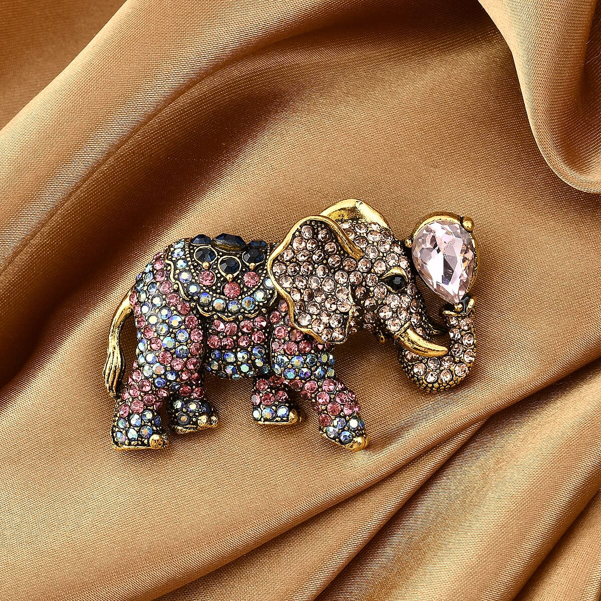 Multi Color Austrian Crystal and Pink Glass Elephant Brooch in Goldtone image number 1