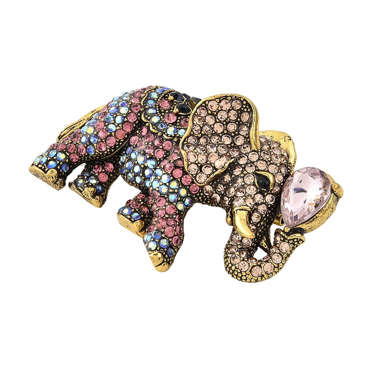 Multi Color Austrian Crystal and Pink Glass Elephant Brooch in Goldtone image number 2