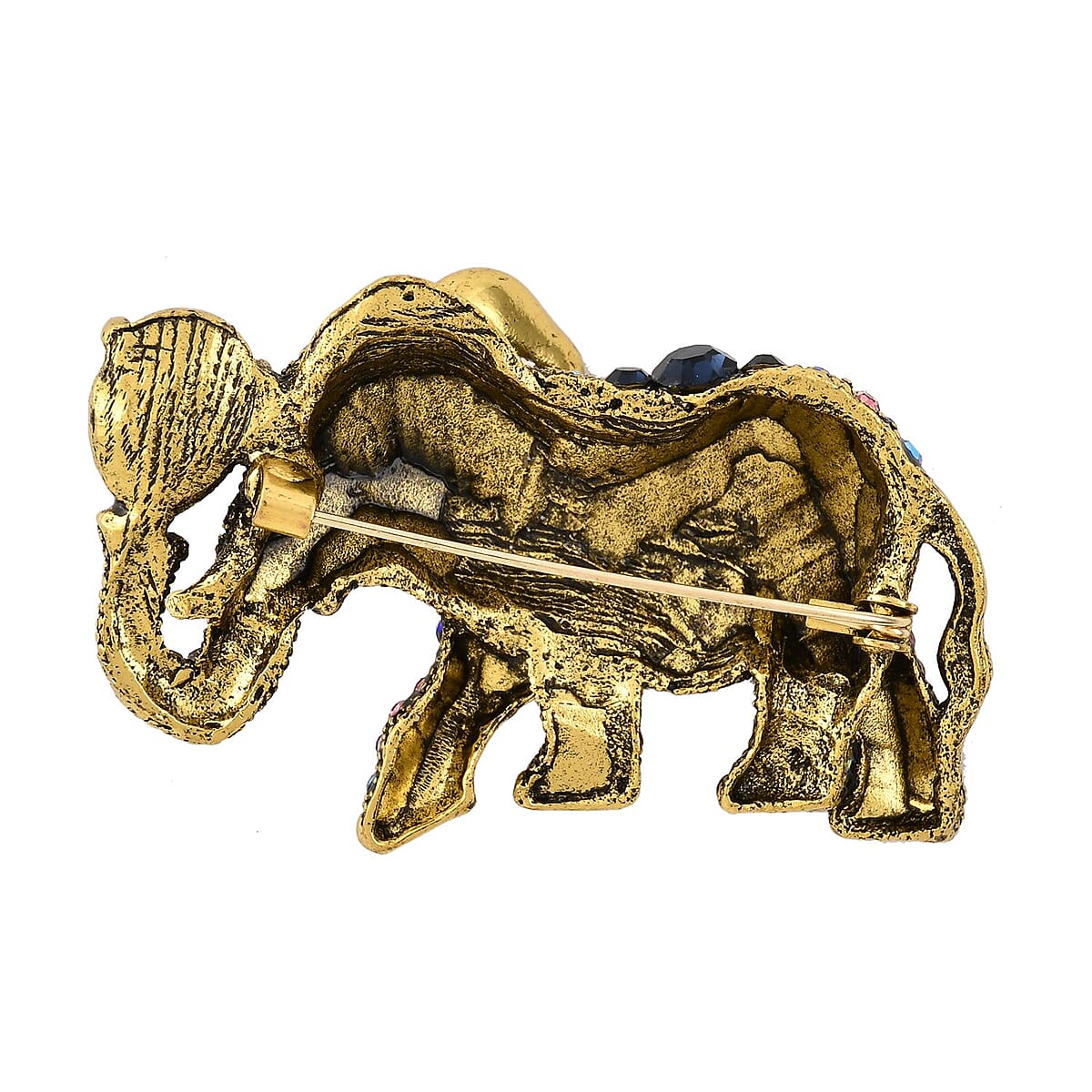 Multi Color Austrian Crystal and Pink Glass Elephant Brooch in Goldtone image number 3
