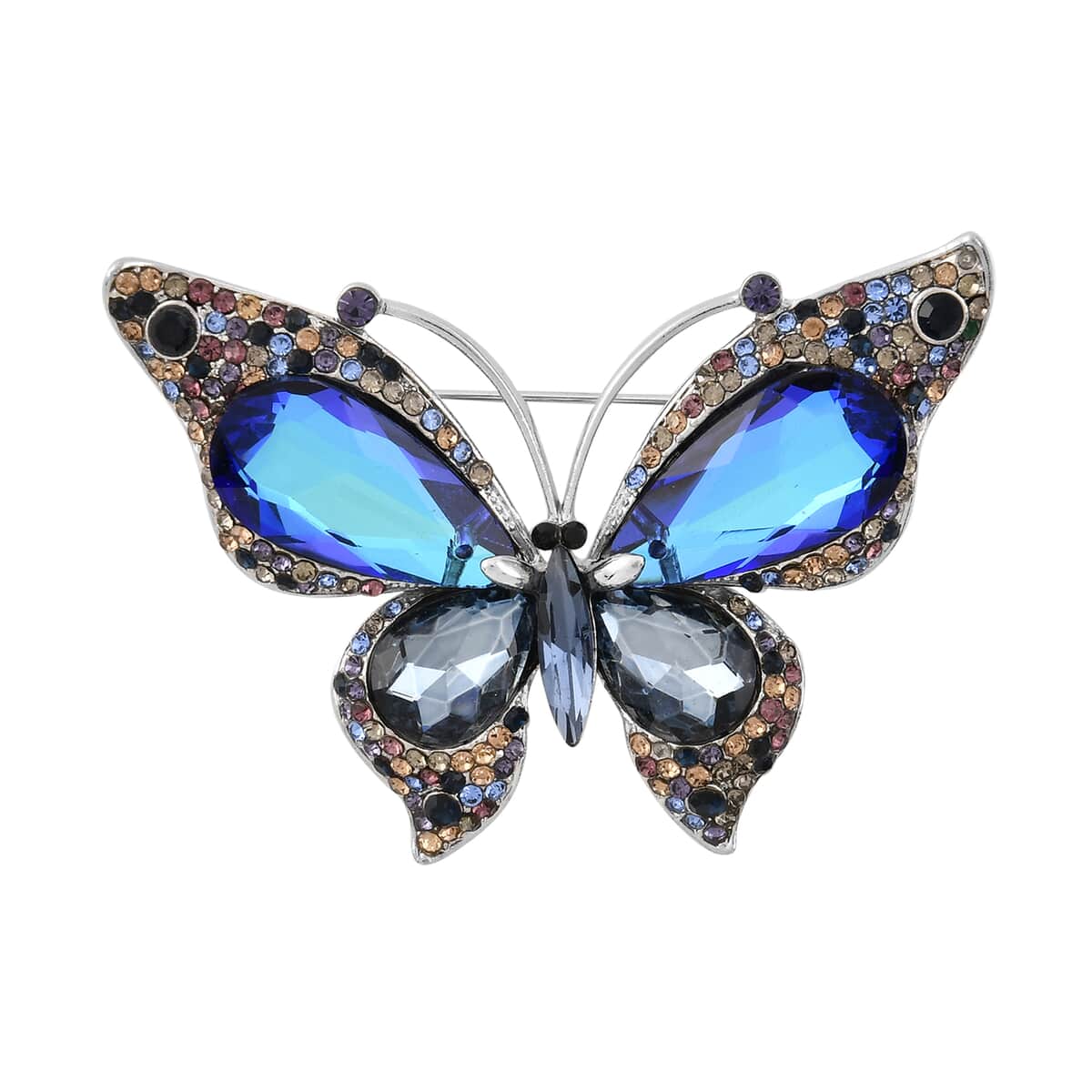 Multi Color Glass and Multi Color Austrian Crystal Butterfly Brooch in Silvertone image number 0