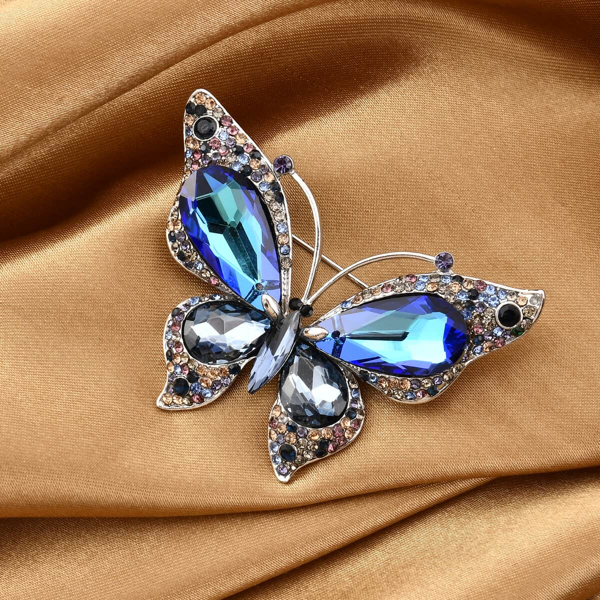 Multi Color Glass and Multi Color Austrian Crystal Butterfly Brooch in Silvertone image number 1