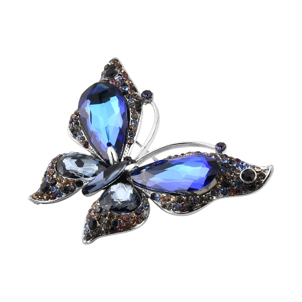 Multi Color Glass and Multi Color Austrian Crystal Butterfly Brooch in Silvertone image number 2