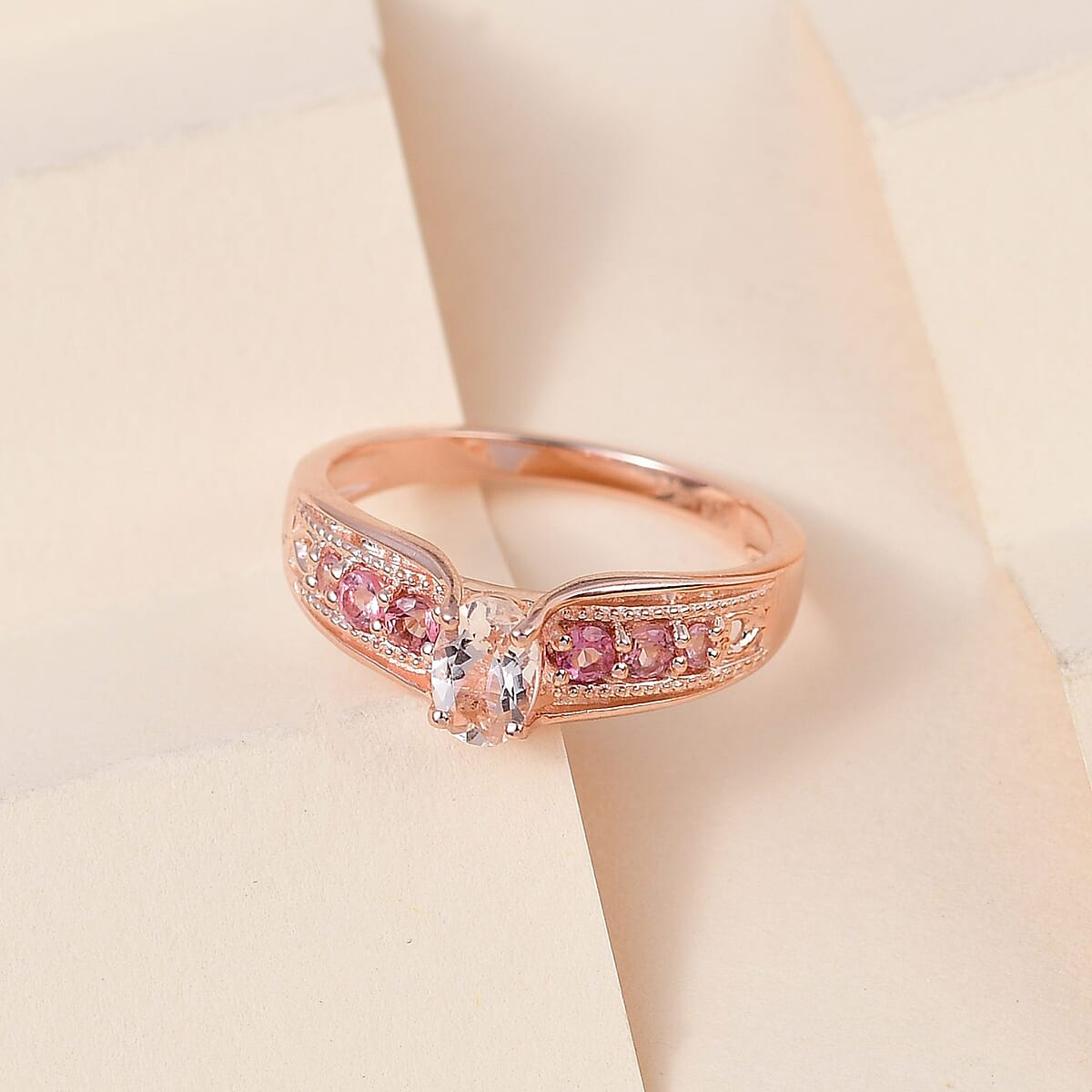 Premium Marropino Morganite and Morro Redondo Pink Tourmaline Ring in Vermeil Rose Gold Over Sterling Silver (Size 5.0) 0.50 ctw image number 1