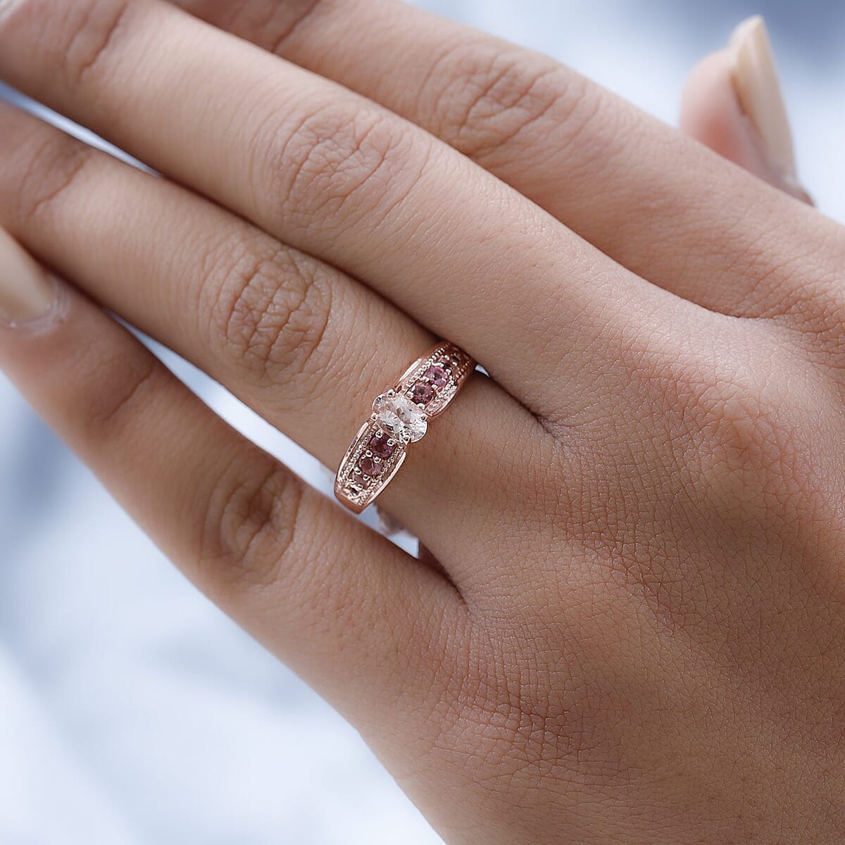 Premium Marropino Morganite and Morro Redondo Pink Tourmaline Ring in Vermeil Rose Gold Over Sterling Silver (Size 5.0) 0.50 ctw image number 2