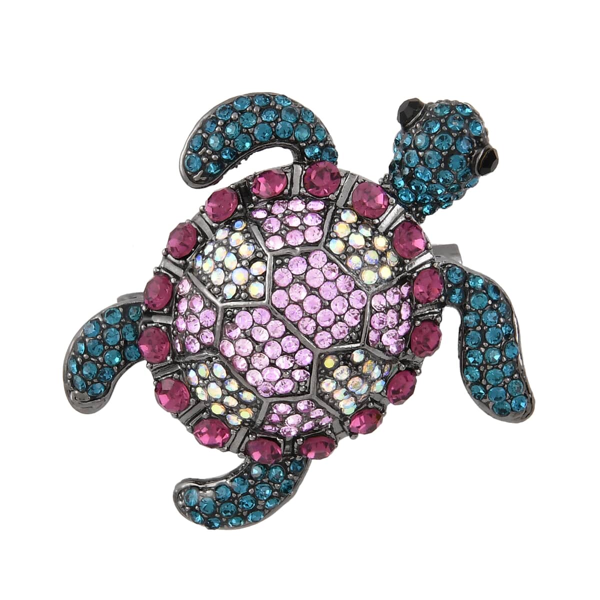 Multi Color Austrian Crystal Turtle Brooch in Black Silvertone image number 0