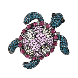 Multi Color Austrian Crystal Turtle Brooch in Black Silvertone