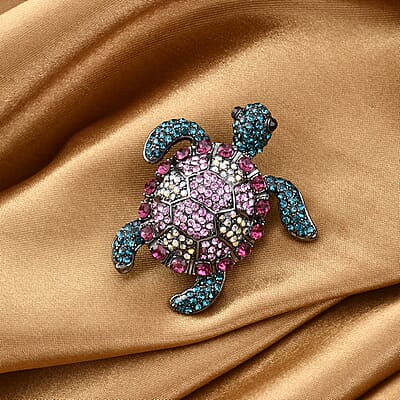 Multi Color Austrian Crystal Turtle Brooch in Black Silvertone