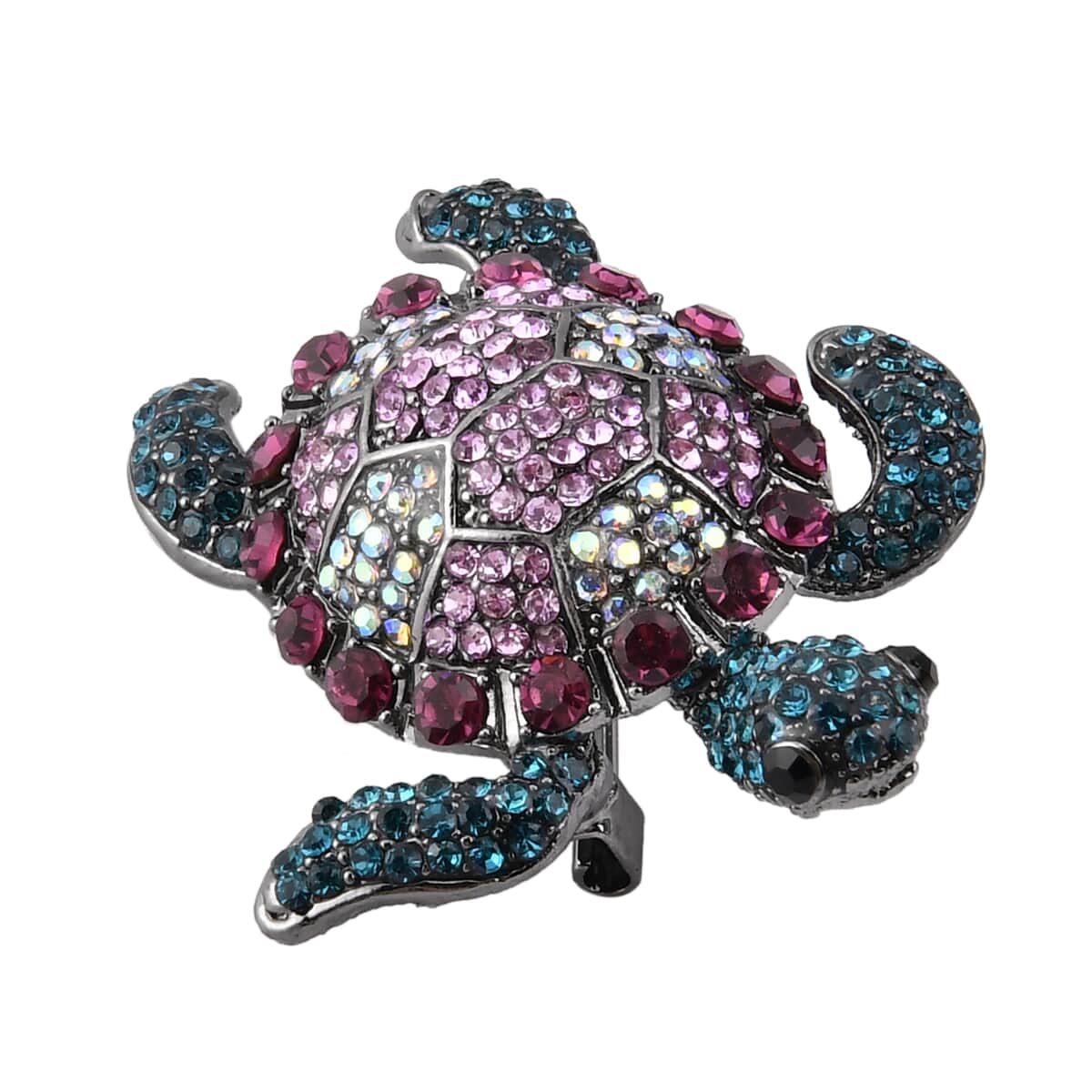 Multi Color Austrian Crystal Turtle Brooch in Black Silvertone image number 2