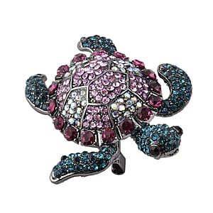 Multi Color Austrian Crystal Turtle Brooch in Black Silvertone