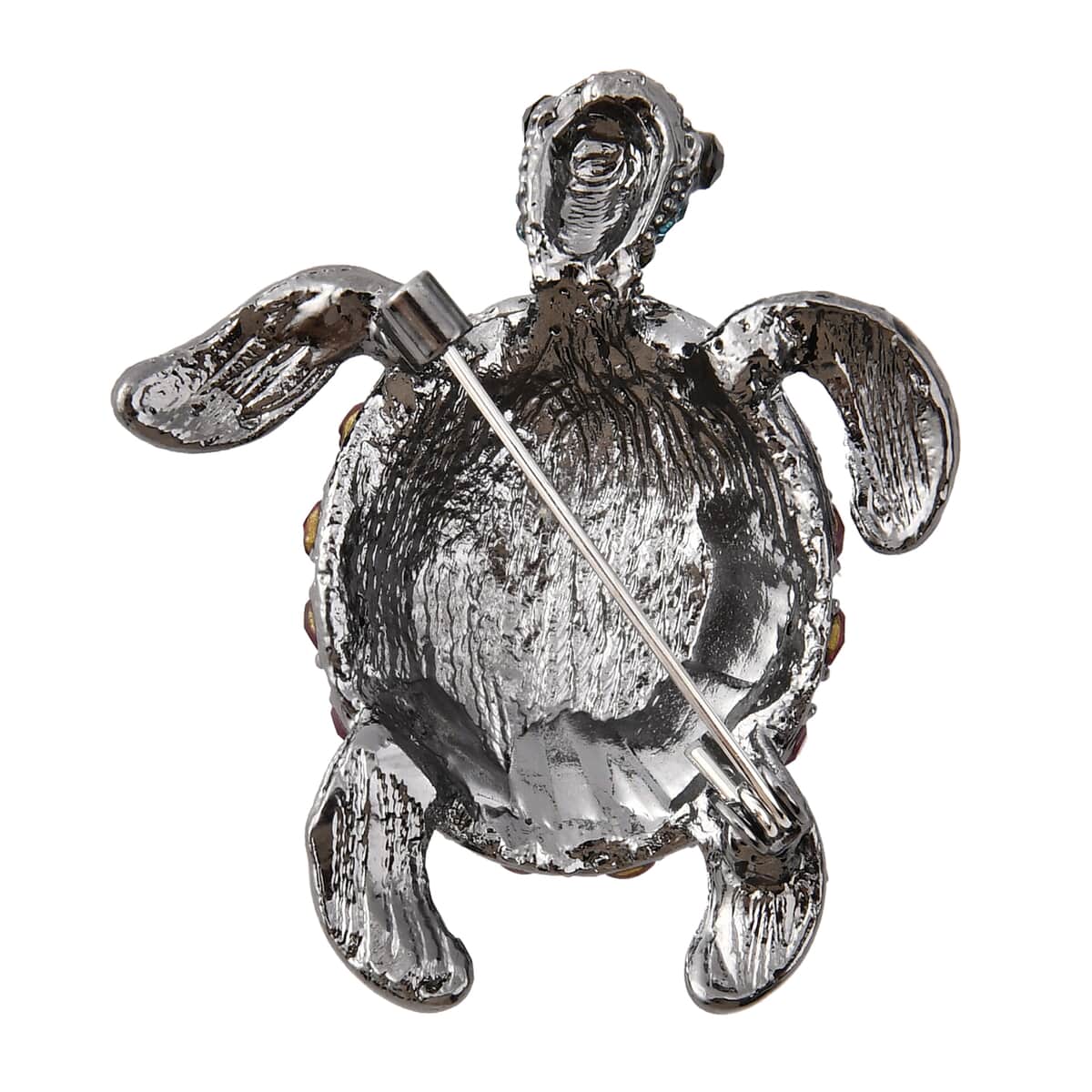 Multi Color Austrian Crystal Turtle Brooch in Black Silvertone image number 3