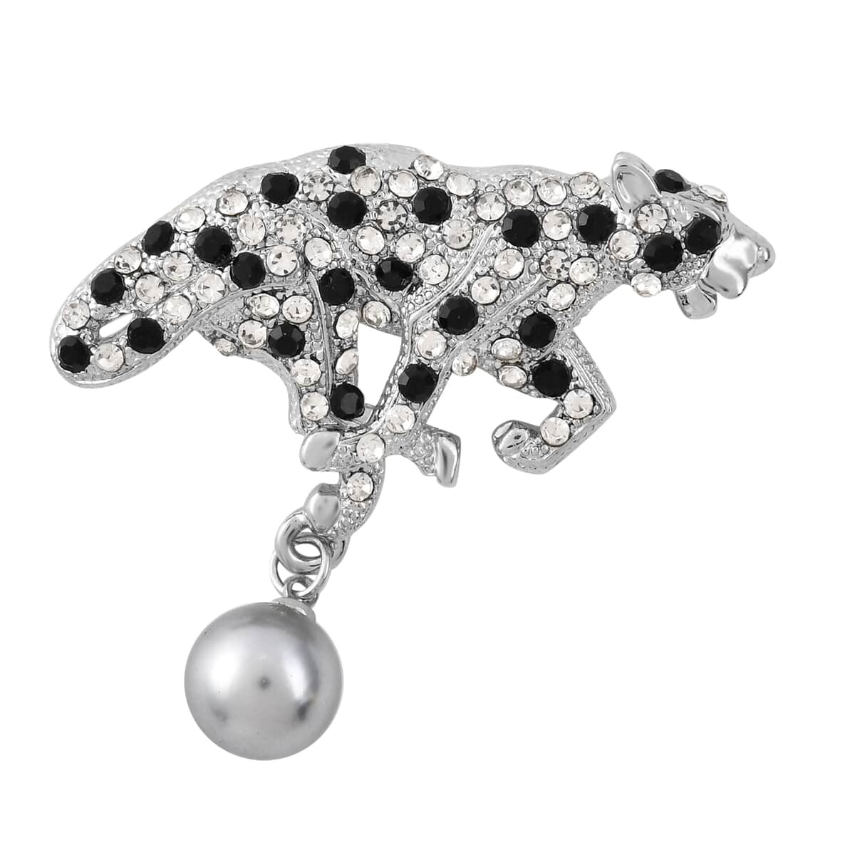 Simulated Silver Color Pearl, White and Black Austrian Crystal Wildlife Brooch in Silvertone image number 0