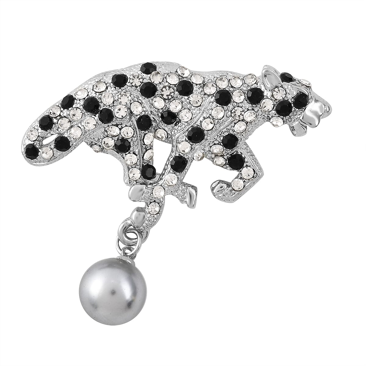 Simulated Silver Color Pearl, White and Black Austrian Crystal Wildlife Brooch in Silvertone image number 0