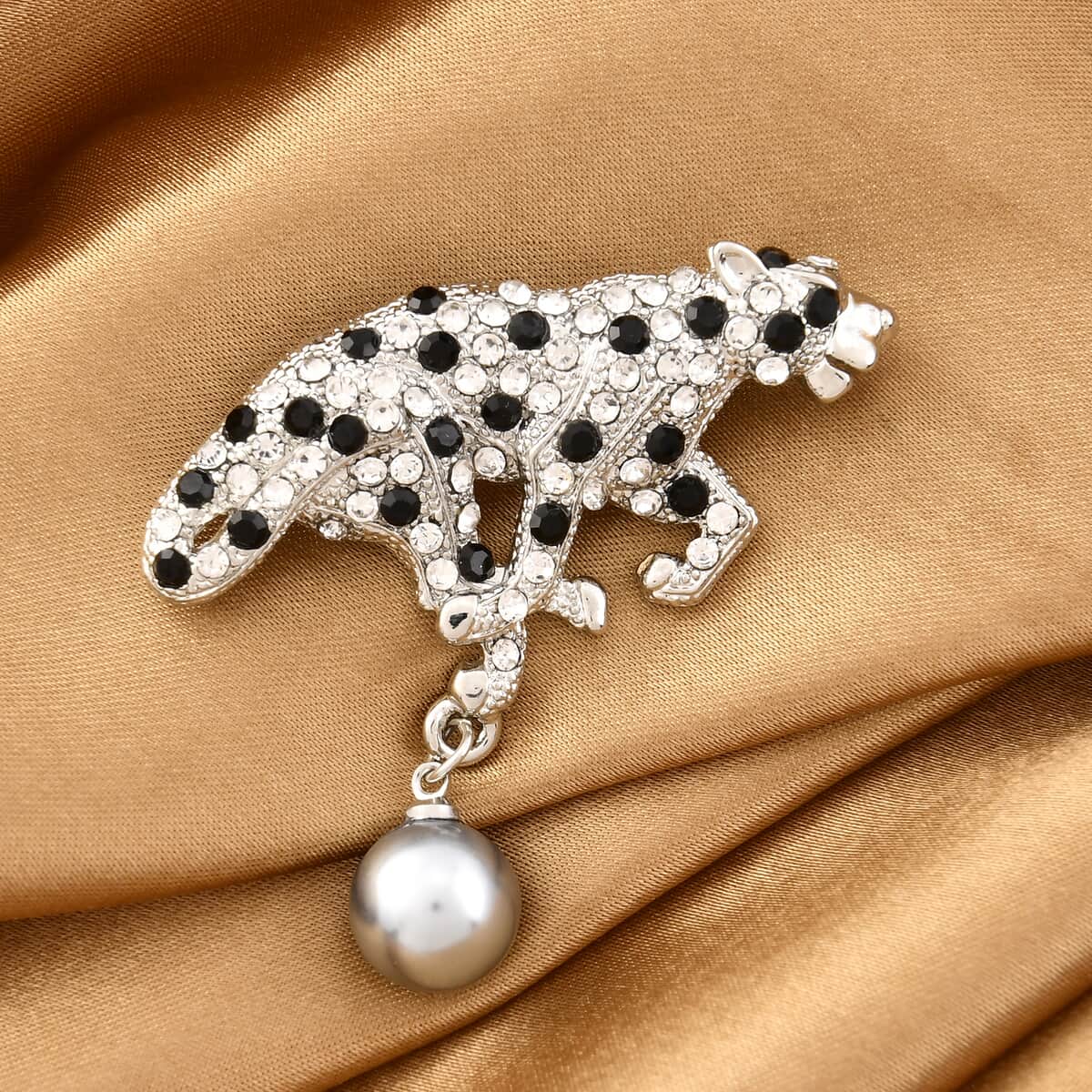 Simulated Silver Color Pearl, White and Black Austrian Crystal Wildlife Brooch in Silvertone image number 1