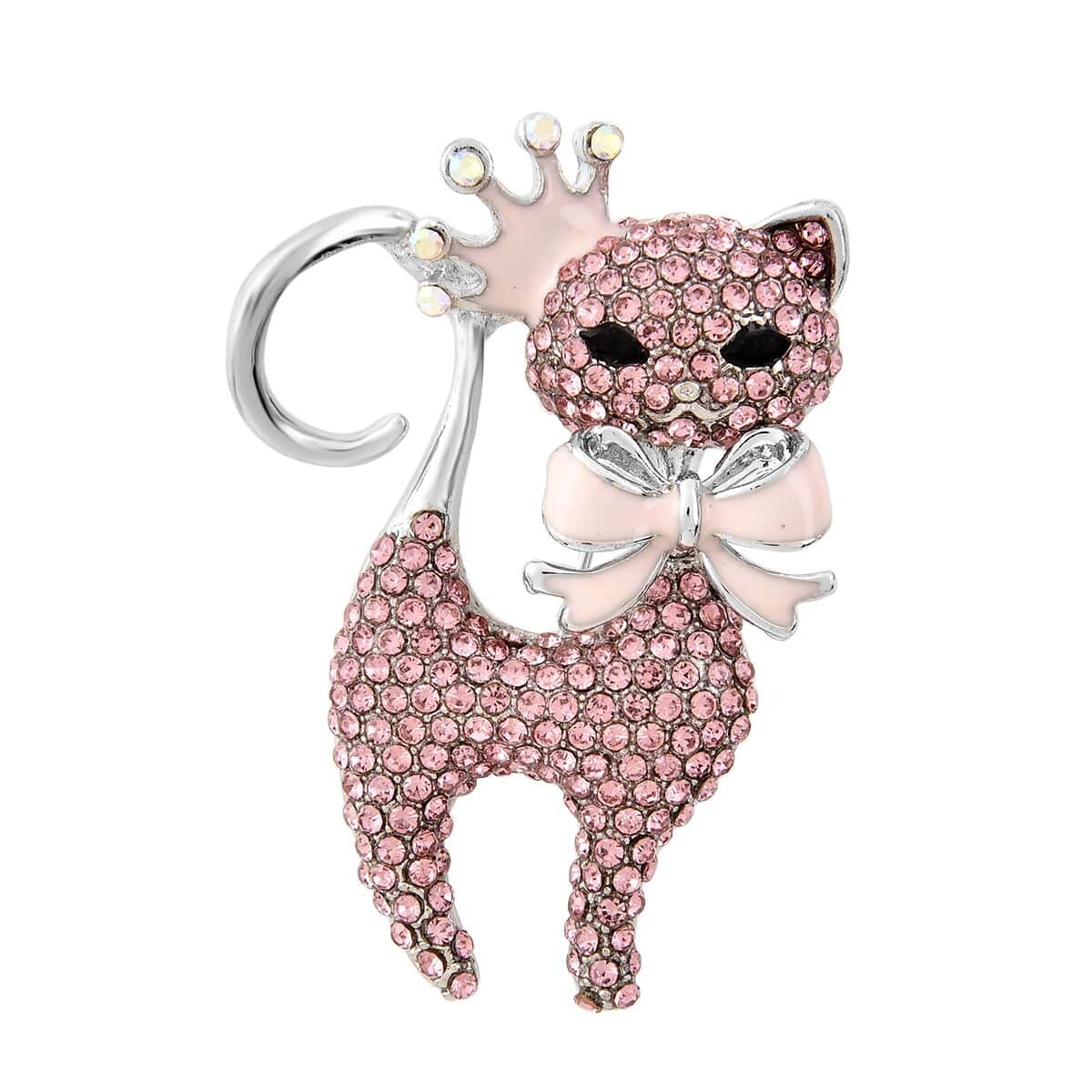 Black Glass, Pink and White Mystic Color Austrian Crystal Cat Brooch in Silvertone image number 0