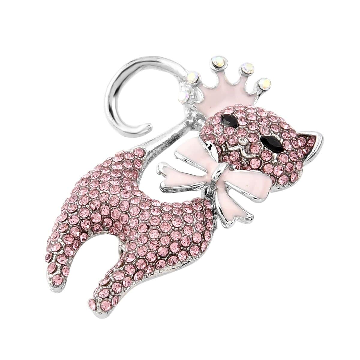 Black Glass, Pink and White Mystic Color Austrian Crystal Cat Brooch in Silvertone image number 2