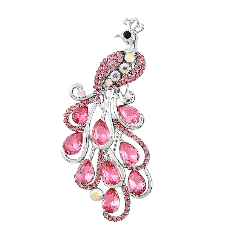 Fuchsia Glass and Multi Color Austrian Crystal Peacock Brooch in Silvertone