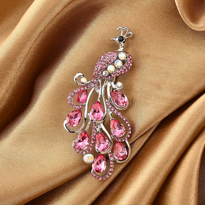 Fuchsia Glass and Multi Color Austrian Crystal Peacock Brooch in Silvertone