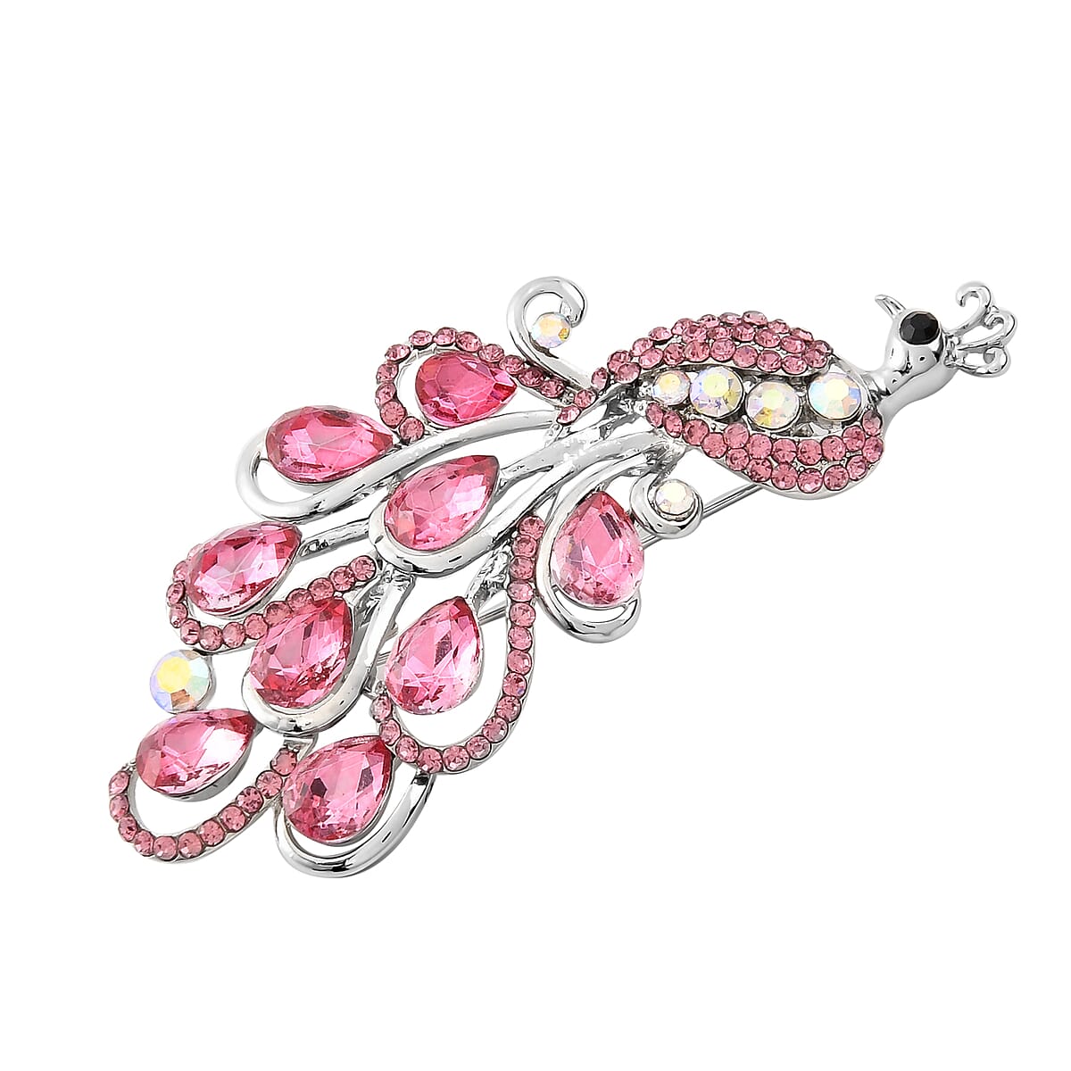 Fuchsia Glass and Multi Color Austrian Crystal Peacock Brooch in Silvertone image number 2
