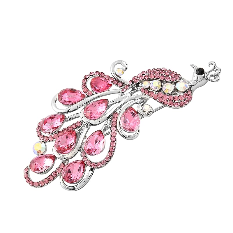 Fuchsia Glass and Multi Color Austrian Crystal Peacock Brooch in Silvertone