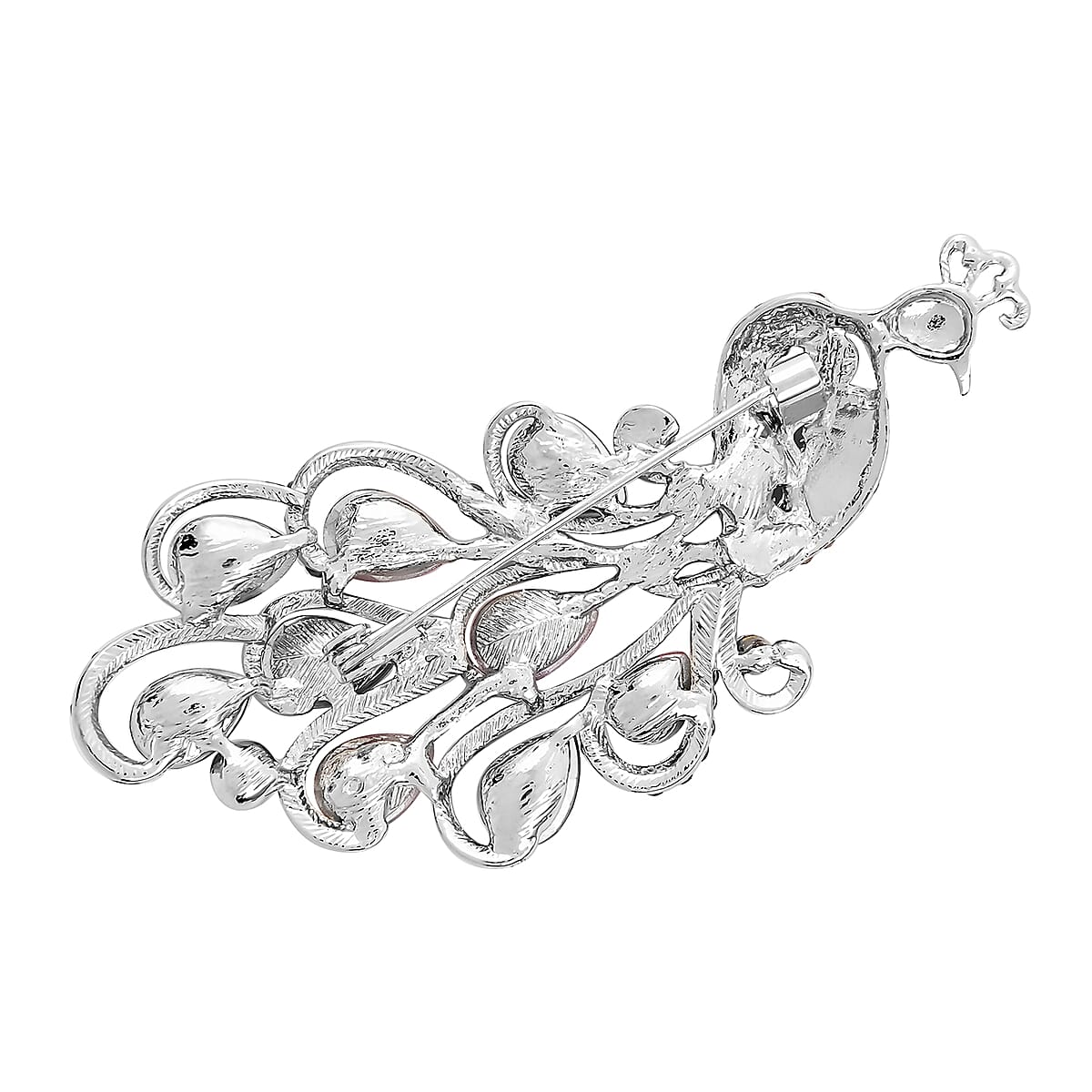 Fuchsia Glass and Multi Color Austrian Crystal Peacock Brooch in Silvertone image number 3