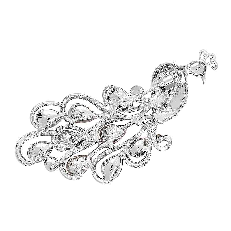 Fuchsia Glass and Multi Color Austrian Crystal Peacock Brooch in Silvertone