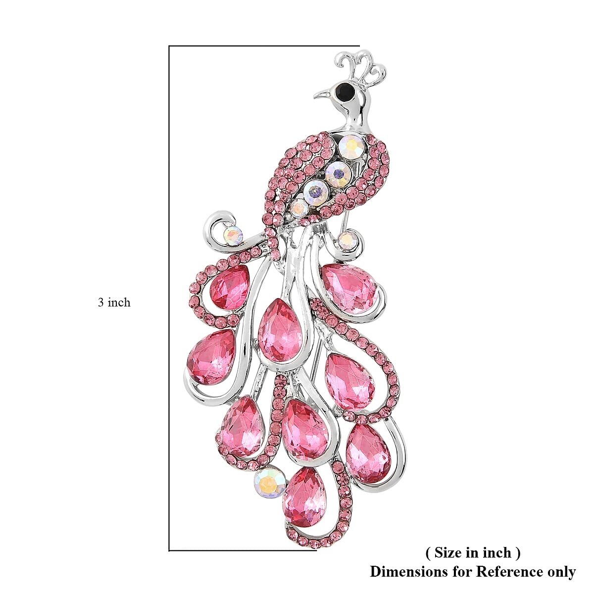 Fuchsia Glass and Multi Color Austrian Crystal Peacock Brooch in Silvertone image number 4